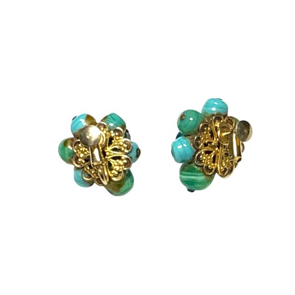 Vintage Green Glass Bead Cluster Clip On Earrings Blue Crystal Accents - Picture 7 of 8
